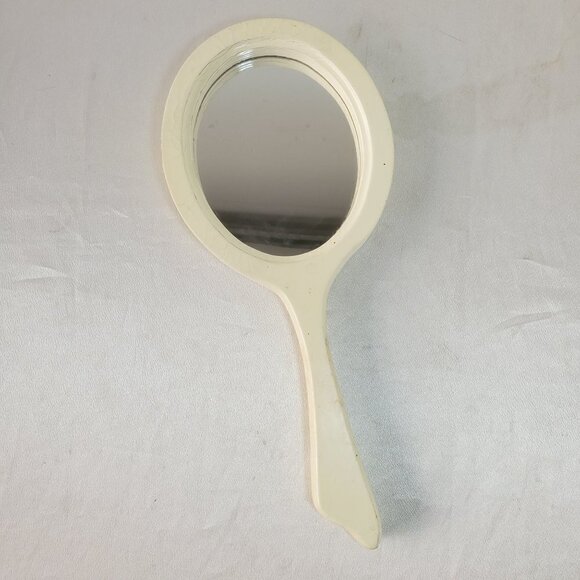 Ivory Hand-Held Mirror Painted Wood Magnolia Altissima Flower Gloss Finish VTG - Picture 4 of 8